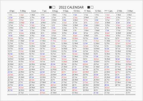 2022年 年間カレンダー 日付縦向き 4月始まり 曜日(英語)