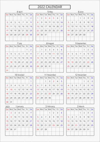 2022年 年間カレンダー 標準 枠あり 4月始まり 曜日(英語)