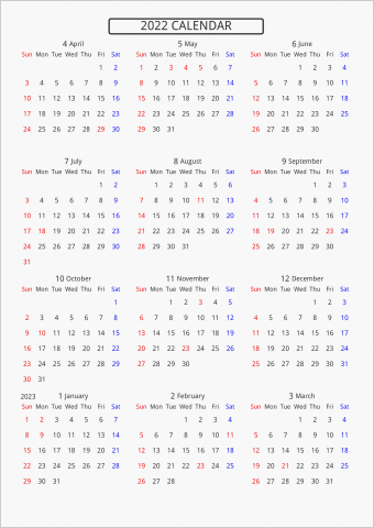 2022年 年間カレンダー 標準 枠なし 4月始まり 曜日(英語)
