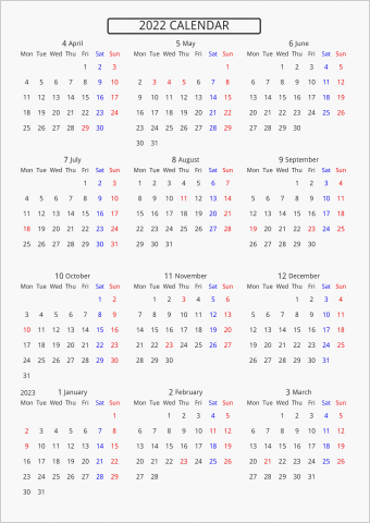2022年 年間カレンダー 標準 枠なし 4月始まり 月曜始まり 曜日(英語)