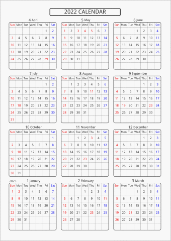 2022年 年間カレンダー 標準 角丸枠 4月始まり 曜日(英語)