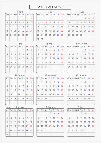 2022年 年間カレンダー 標準 角丸枠 4月始まり 月曜始まり 曜日(英語)