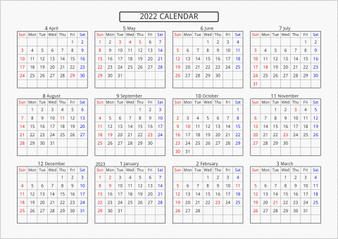 2022年 年間カレンダー 標準 横向き 4月始まり 曜日(英語)