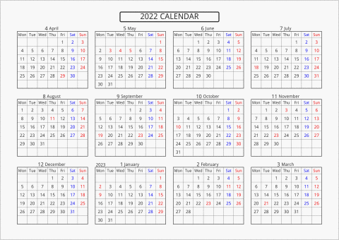 2022年 年間カレンダー 標準 横向き 4月始まり 月曜始まり 曜日(英語)