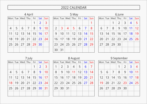 2022年 6ヶ月カレンダー 横向き 4月始まり 月曜始まり 曜日(英語)