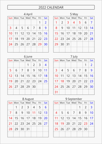 2022年 6ヶ月カレンダー 縦向き 4月始まり 曜日(英語)