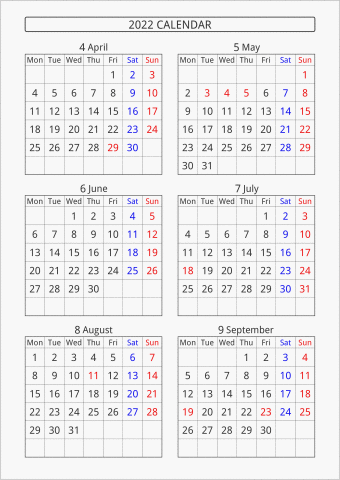 2022年 6ヶ月カレンダー 縦向き 4月始まり 月曜始まり 曜日(英語)