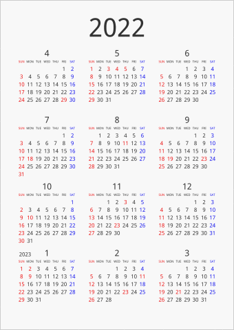 2022年 年間カレンダー シンプル 縦向き 4月始まり 曜日(英語)
