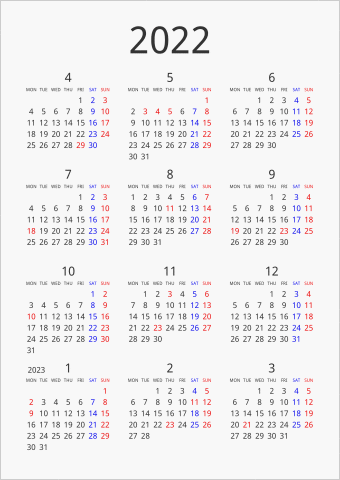 2022年 年間カレンダー シンプル 縦向き 4月始まり 月曜始まり 曜日(英語)