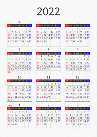2022年 年間カレンダー フォーマル 縦向き 4月始まり 曜日(英語)