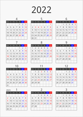 2022年 年間カレンダー フォーマル 縦向き 4月始まり 月曜始まり 曜日(英語)