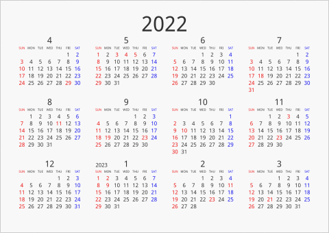 2022年 年間カレンダー シンプル 横向き 4月始まり 曜日(英語)