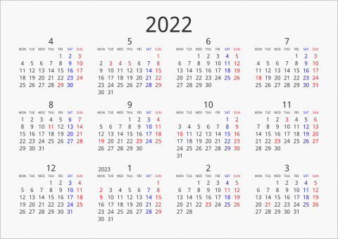 2022年 年間カレンダー シンプル 横向き 4月始まり 月曜始まり 曜日(英語)
