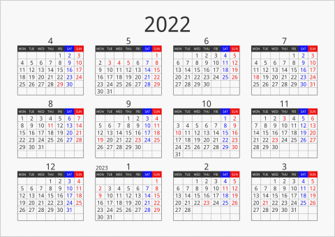 2022年 年間カレンダー フォーマル 横向き 4月始まり 月曜始まり 曜日(英語)