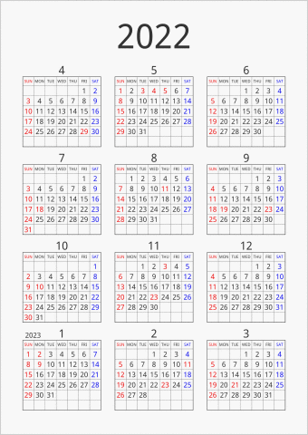 2022年 年間カレンダー シンプル 枠あり 縦向き 4月始まり 曜日(英語)