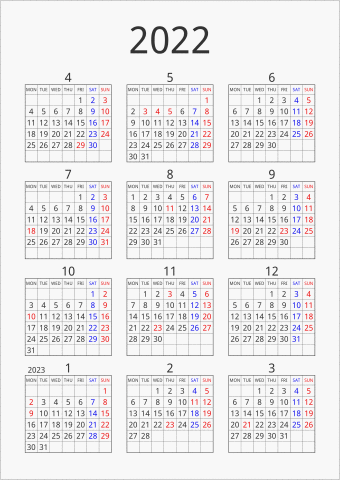 2022年 年間カレンダー シンプル 枠あり 縦向き 4月始まり 月曜始まり 曜日(英語)