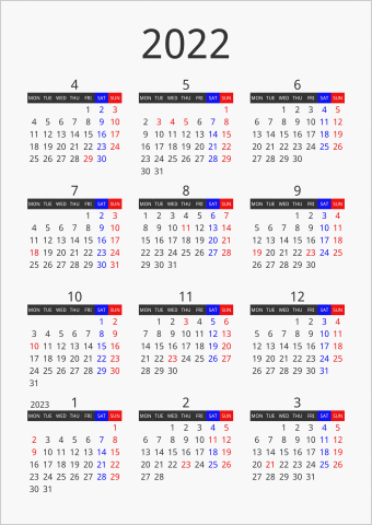 2022年 年間カレンダー フォーマル 枠なし 縦向き 4月始まり 月曜始まり 曜日(英語)