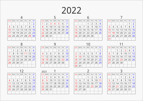 2022年 年間カレンダー シンプル 枠あり 横向き 4月始まり 曜日(英語)