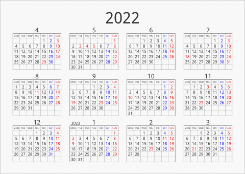 2022年 年間カレンダー シンプル 枠あり 横向き 4月始まり 月曜始まり 曜日(英語)