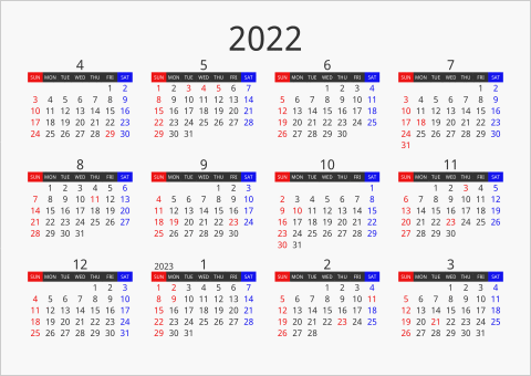 2022年 年間カレンダー フォーマル 枠なし 横向き 4月始まり 曜日(英語)