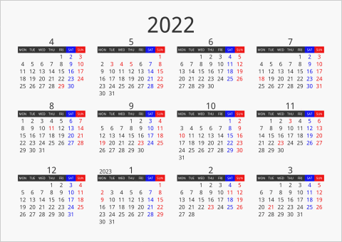 2022年 年間カレンダー フォーマル 枠なし 横向き 4月始まり 月曜始まり 曜日(英語)
