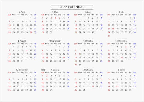2022年 年間カレンダー 標準 枠なし 横向き 4月始まり 曜日(英語)