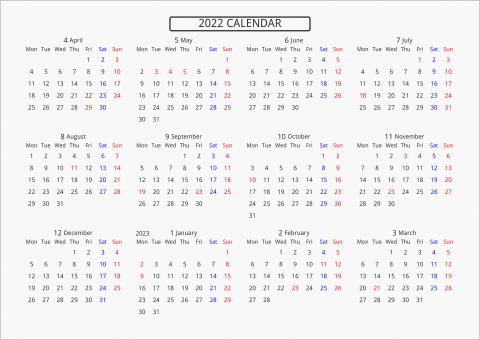 2022年 年間カレンダー 標準 枠なし 横向き 4月始まり 月曜始まり 曜日(英語)