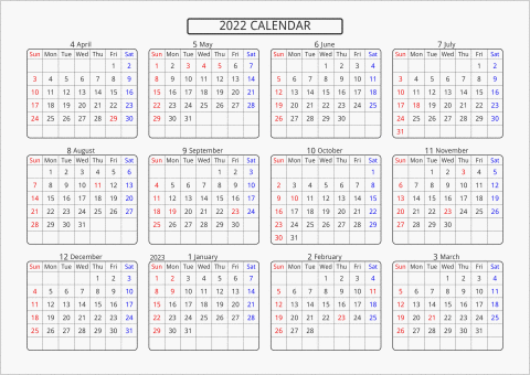 2022年 年間カレンダー 標準 角丸枠 横向き 4月始まり 曜日(英語)