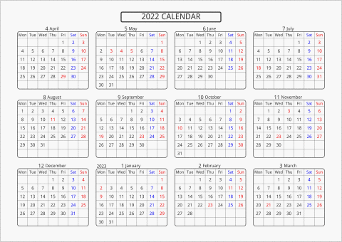 2022年 年間カレンダー 標準 角丸枠 横向き 4月始まり 月曜始まり 曜日(英語)