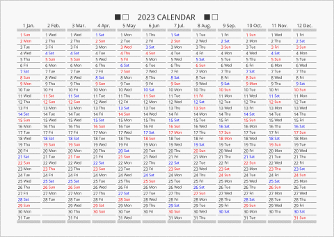 2023年 年間カレンダー 日付縦向き 曜日(英語)