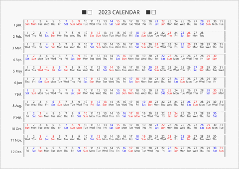 2023年 年間カレンダー 日付横向き 曜日(英語)