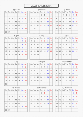 2023年 年間カレンダー 標準 枠あり 月曜始まり 曜日(英語)