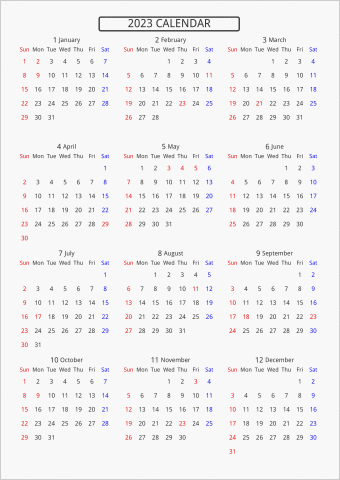 2023年 年間カレンダー 標準 枠なし 曜日(英語)