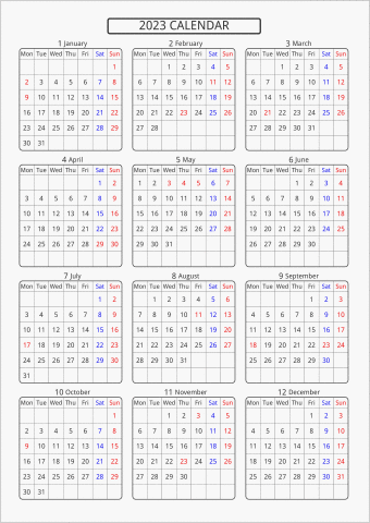 2023年 年間カレンダー 標準 角丸枠 月曜始まり 曜日(英語)
