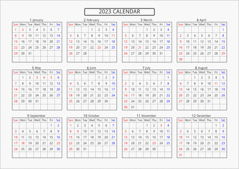 2023年 年間カレンダー 標準 横向き 曜日(英語)