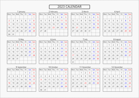 2023年 年間カレンダー 標準 横向き 月曜始まり 曜日(英語)