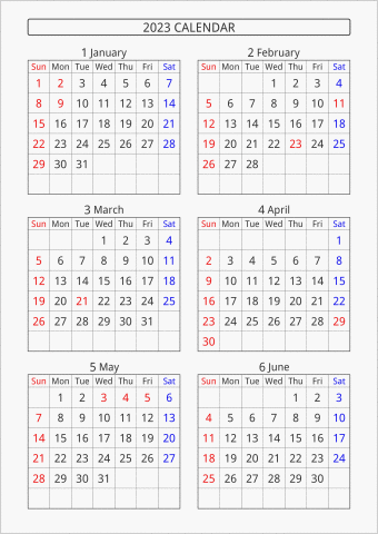 2023年 6ヶ月カレンダー 縦向き 曜日(英語)