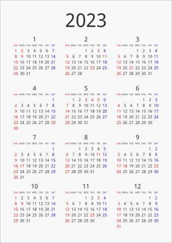 2023年 年間カレンダー シンプル 縦向き 曜日(英語)
