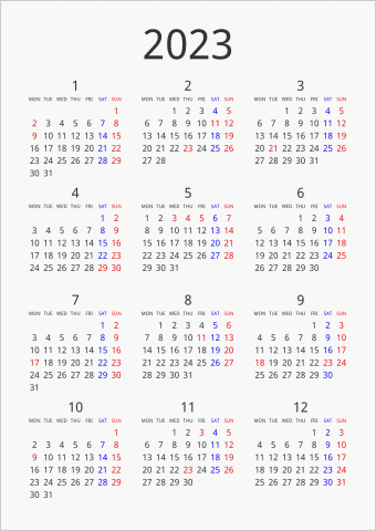 2023年 年間カレンダー シンプル 縦向き 月曜始まり 曜日(英語)