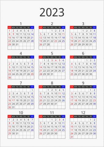 2023年 年間カレンダー フォーマル 縦向き 曜日(英語)