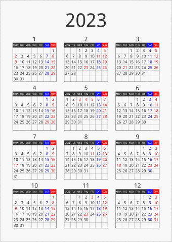 2023年 年間カレンダー フォーマル 縦向き 月曜始まり 曜日(英語)