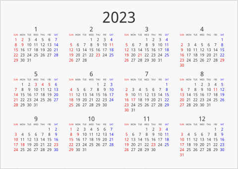 2023年 年間カレンダー シンプル 横向き 曜日(英語)