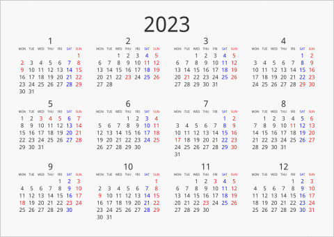 2023年 年間カレンダー シンプル 横向き 月曜始まり 曜日(英語)