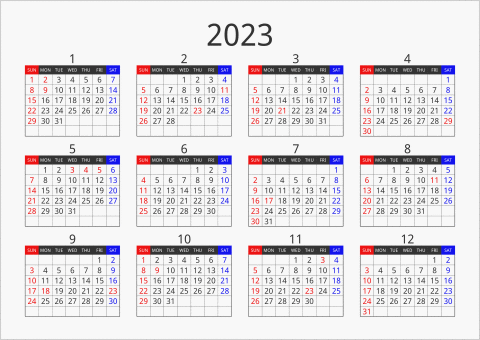 2023年 年間カレンダー フォーマル 横向き 曜日(英語)