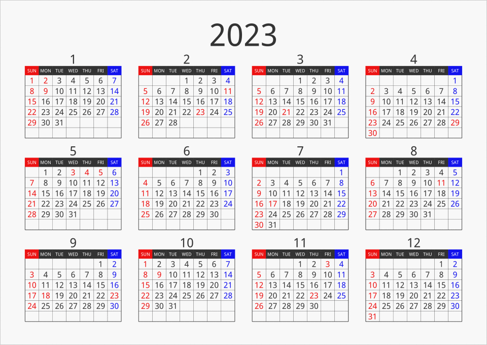 2023年 年間カレンダー フォーマル 横向き パソコンカレンダーサイト