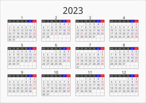 2023年 年間カレンダー フォーマル 横向き 月曜始まり 曜日(英語)