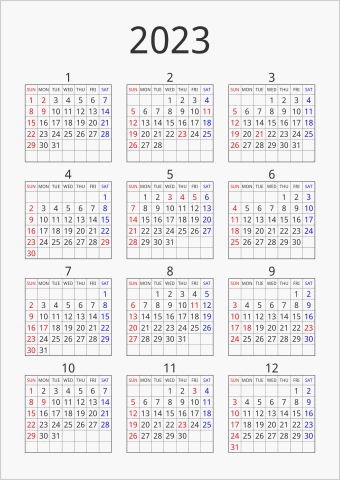 2023年 年間カレンダー シンプル 枠あり 縦向き 曜日(英語)