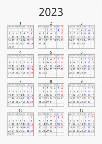 2023年 年間カレンダー シンプル 枠あり 縦向き 月曜始まり 曜日(英語)