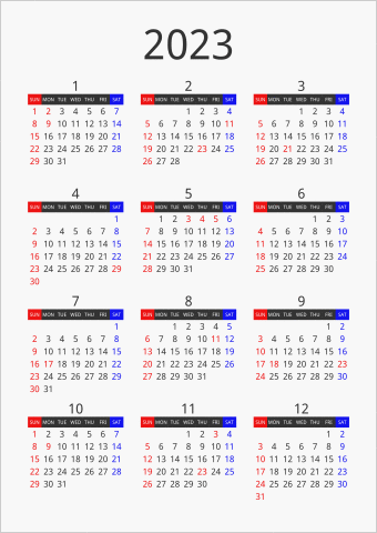 2023年 年間カレンダー フォーマル 枠なし 縦向き 曜日(英語)