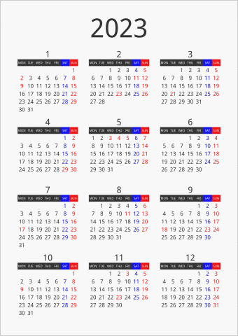 2023年 年間カレンダー フォーマル 枠なし 縦向き 月曜始まり 曜日(英語)